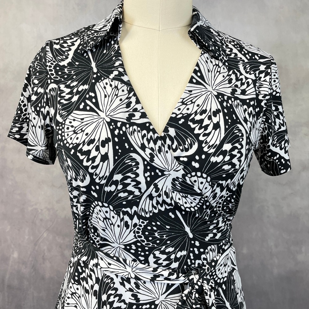 Brooks Brothers Butterfly Print Wrap Dress Womens Large Stretch Preppy Office - Picture 4 of 16